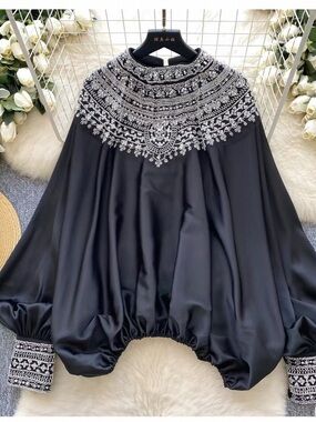 Black Elegant  Embellished Satin Blouse NWT